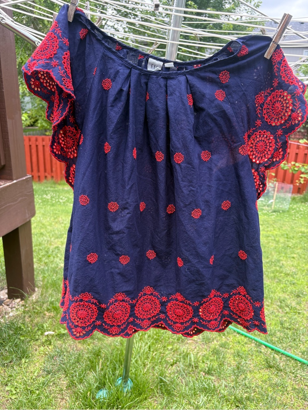 GAP Navy Blue Flutter Sleeve Blouse with Red Embroidery